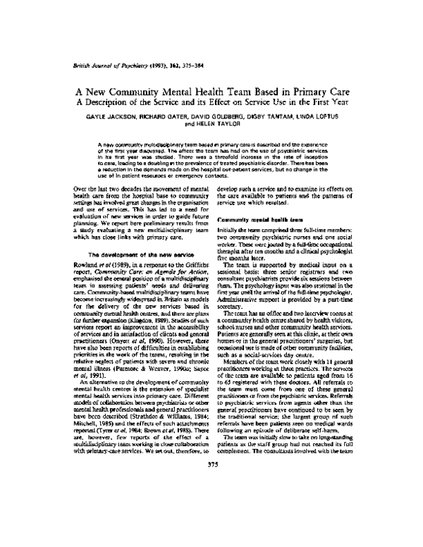 (PDF) A New Community Mental Health Team Based in Primary Care