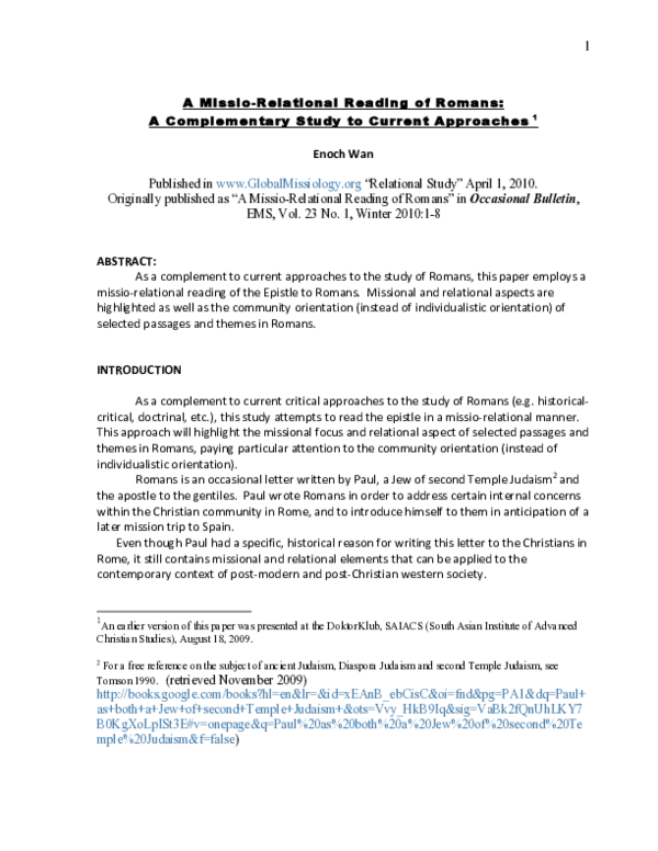 (PDF) A Missio-Relational Reading of Romans: A Complementary Study to ...
