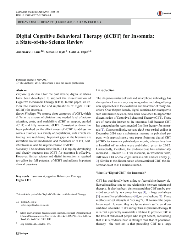 (PDF) Digital Cognitive Behavioral Therapy (dCBT) for Insomnia: a State ...