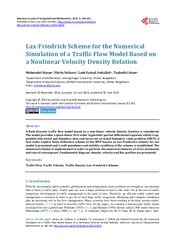 (PDF) Lax-Friedrich Scheme for the Numerical Simulation of a Traffic ...