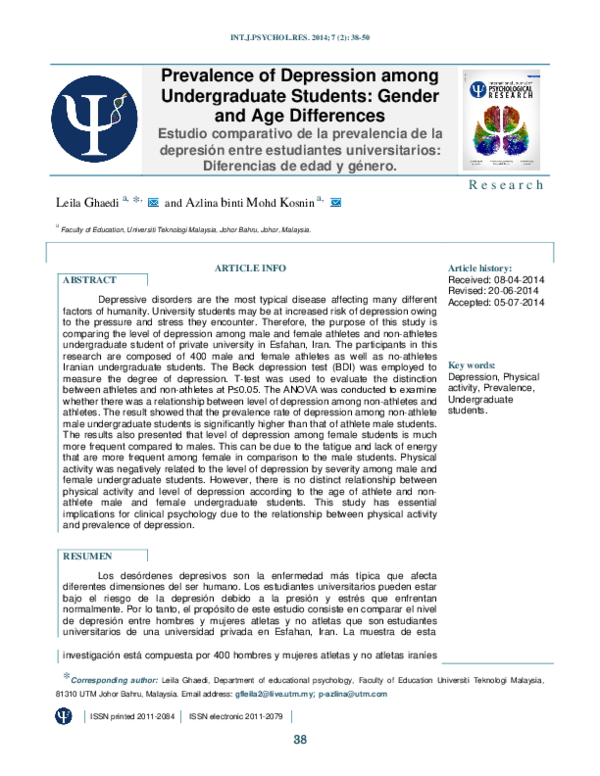 (PDF) Prevalence of depression among undergraduate students: gender and ...