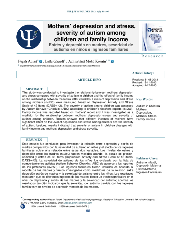 (PDF) Mothers’ Depression and Stress, Severity of Autism among Children ...