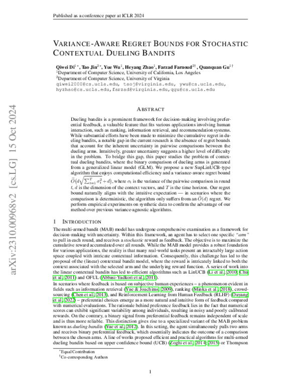 (PDF) Variance-Aware Regret Bounds for Stochastic Contextual Dueling ...
