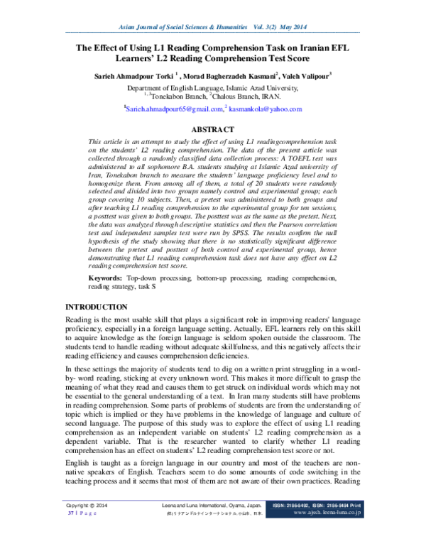 (PDF) The Effect of Using L1 Reading Comprehension Task on Iranian EFL ...