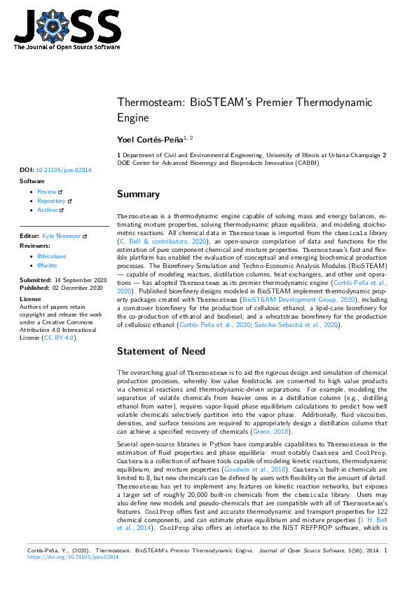 (PDF) Thermosteam: BioSTEAM's Premier Thermodynamic Engine