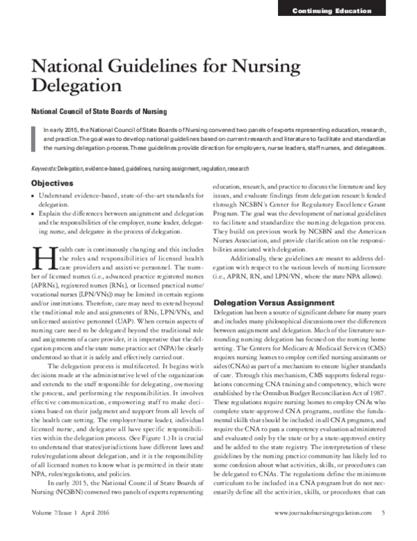 (PDF) National Guidelines for Nursing Delegation