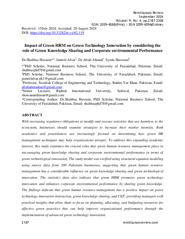 (PDF) Impact of Green HRM on Green Technology Innovation by considering ...