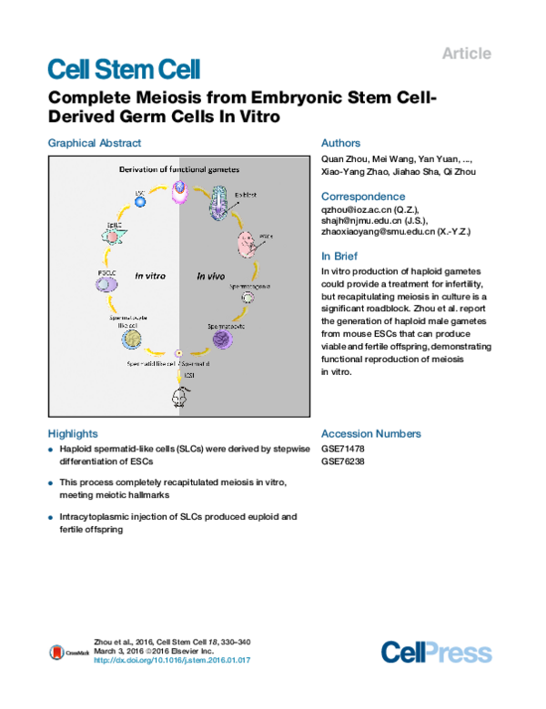 (PDF) Complete Meiosis from Embryonic Stem Cell-Derived Germ Cells In Vitro