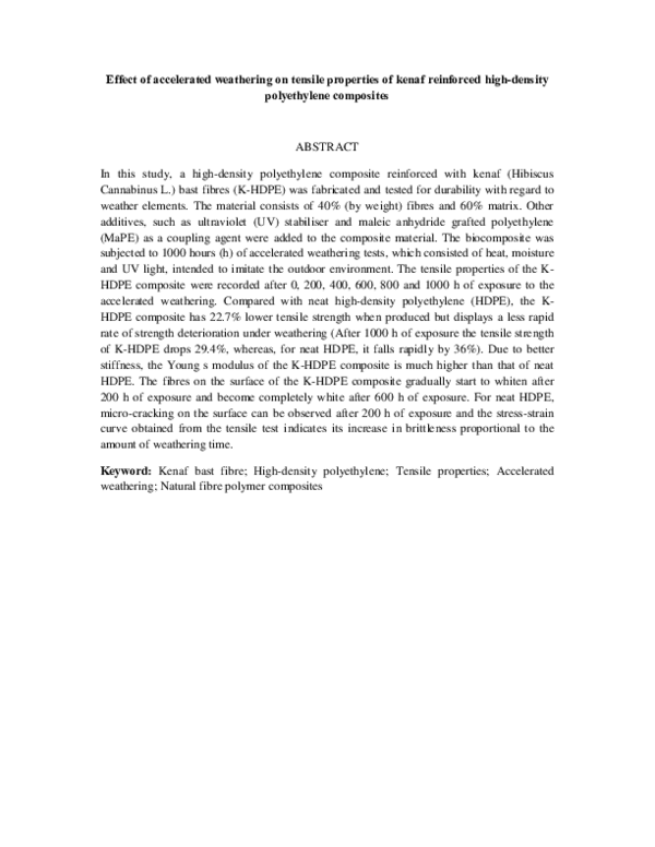 (PDF) Effect of Accelerated Weathering on Tensile Properties of Kenaf ...