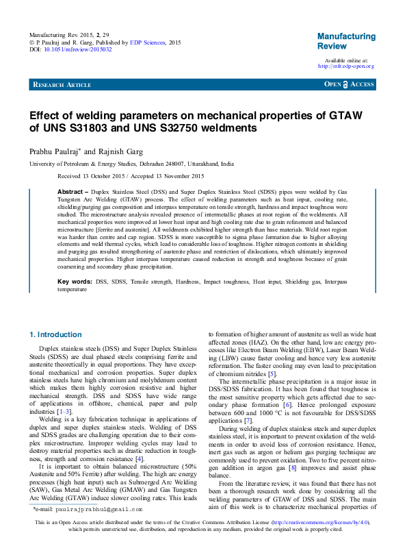 (PDF) Effect of welding parameters on mechanical properties of GTAW of ...