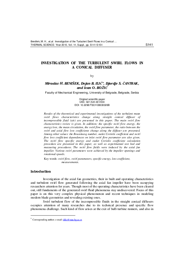 (PDF) Investigation of the turbulent swirl flows in a conical diffuser