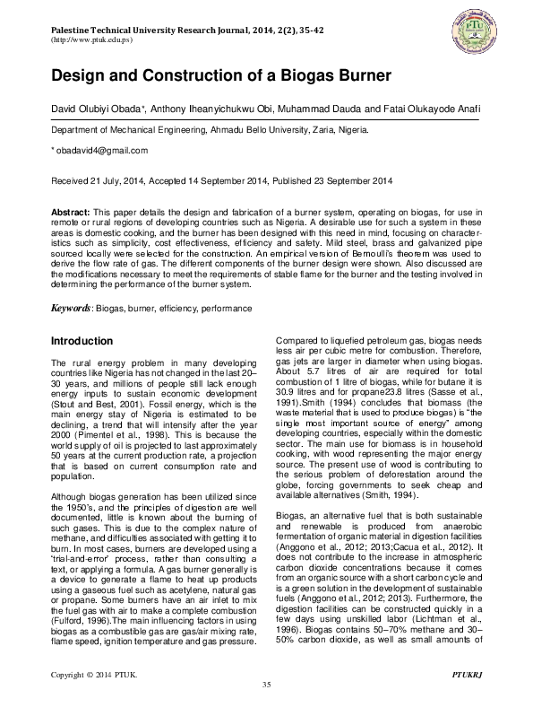 (PDF) Design and Construction of a Biogas Burner
