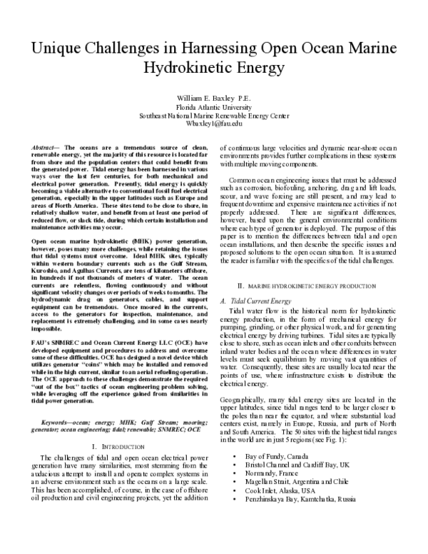 (PDF) Unique challenges in harnessing open ocean marine hydrokinetic energy