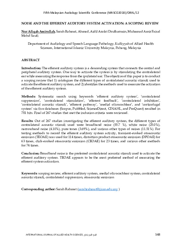 (PDF) Noise and the Efferent Auditory System Activation: A Scoping Review