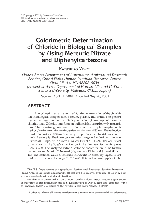 (PDF) Colorimetric Determination of Chloride in Biological Samples by ...