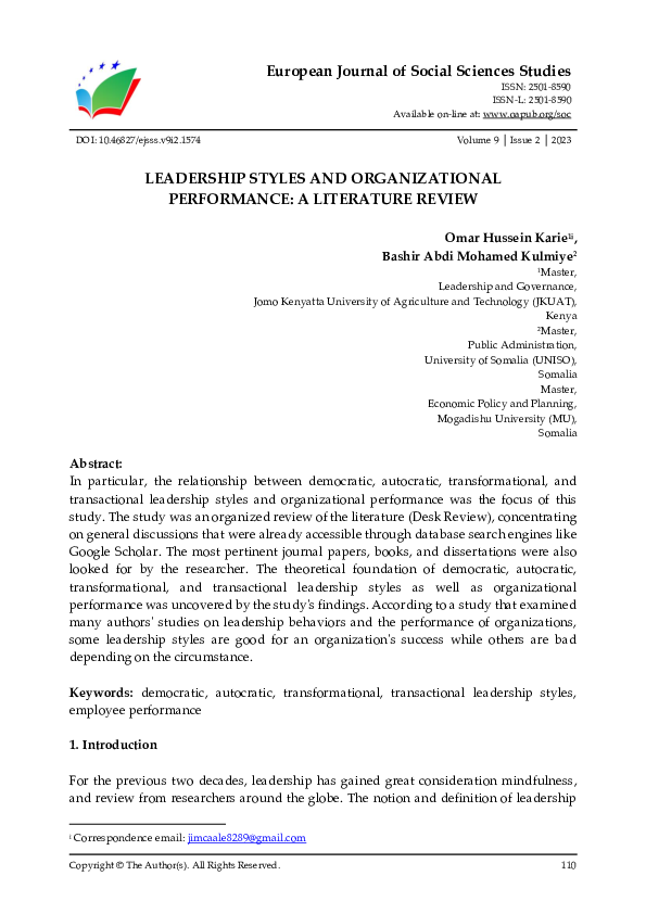 (PDF) Leadership Styles and Organizational Performance: A Literature Review