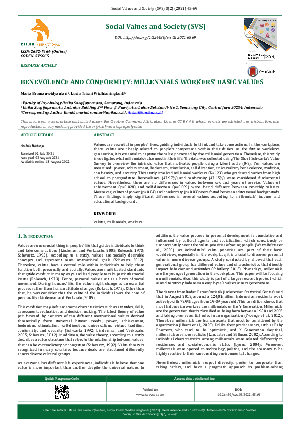 (PDF) Benevolence and Conformity: Millennials Workers’ Basic Values