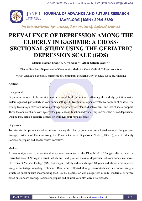 (PDF) PREVALENCE OF DEPRESSION AMONG THE ELDERLY IN KASHMIR: A CROSS ...