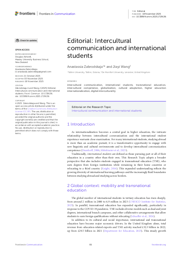 (PDF) Editorial: Intercultural communication and international students