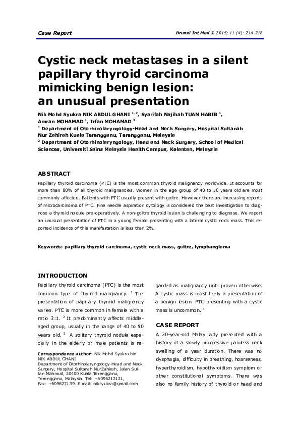 (PDF) Cystic neck metastases in a silent papillary thyroid carcinoma ...