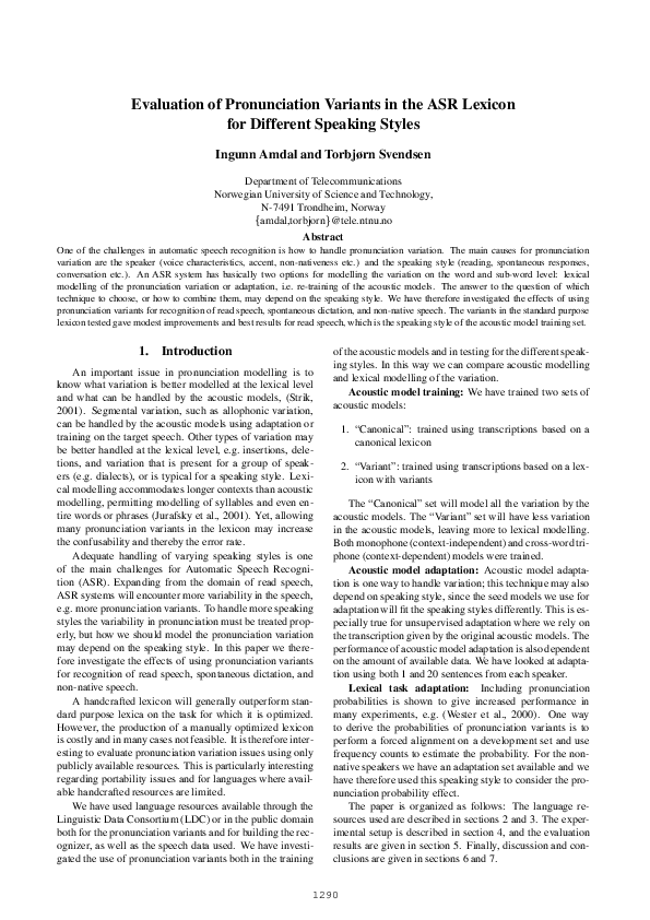 (PDF) Evaluation of Pronunciation Variants in the ASR Lexicon for ...