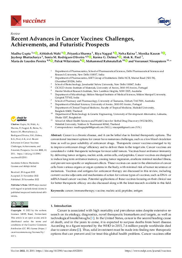 (PDF) Recent Advances in Cancer Vaccines: Challenges, Achievements, and ...