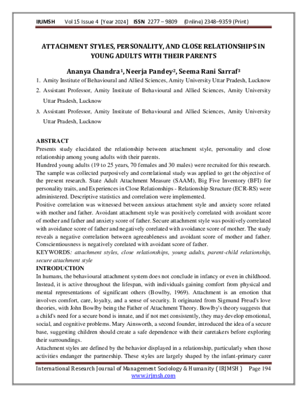(PDF) ATTACHMENT STYLES, PERSONALITY, AND CLOSE RELATIONSHIPS IN YOUNG ...