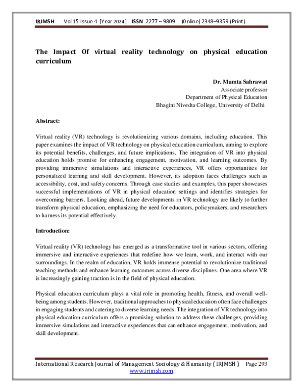 (PDF) The Impact Of virtual reality technology on physical education ...