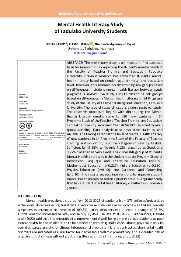 (PDF) Mental Health Literacy Study of Tadulako University Students