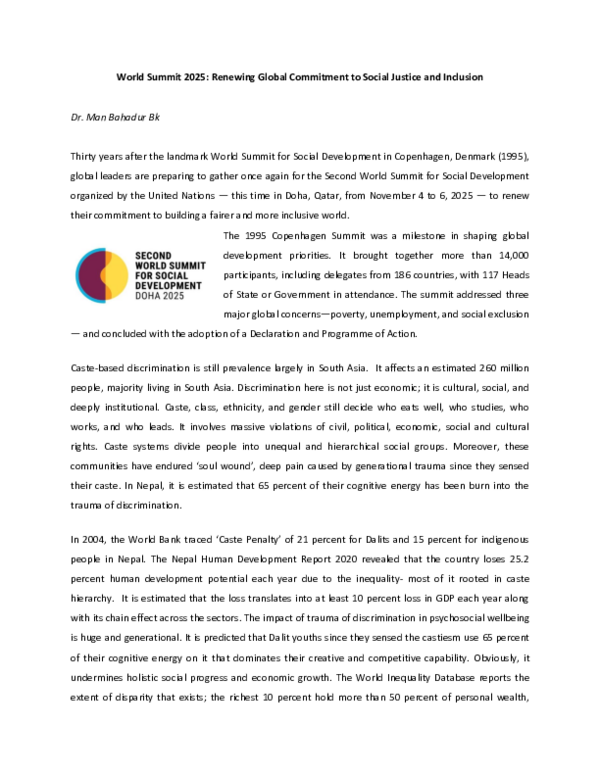 (PDF) World Summit 2025 Renewing Global Commitment to Social Justice ...
