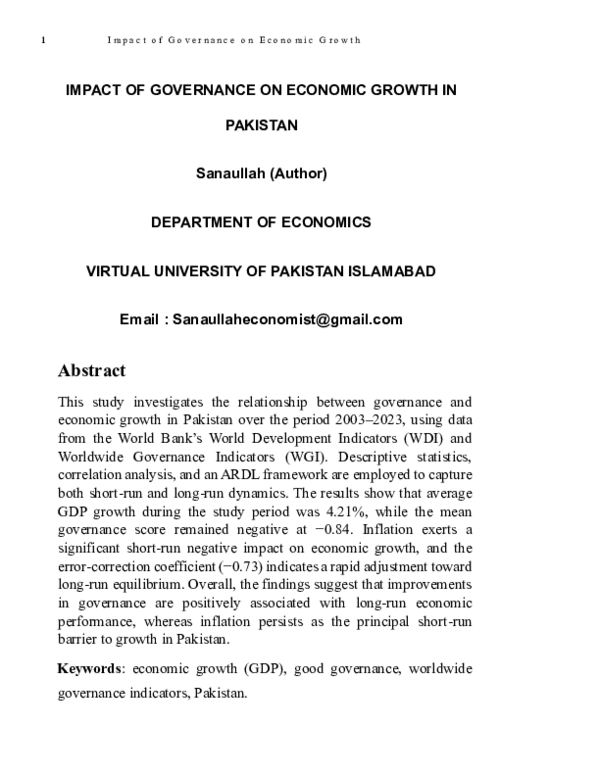 (PDF) IMPACT OF GOVERNANCE ON ECONOMIC GROWTH IN PAKISTAN