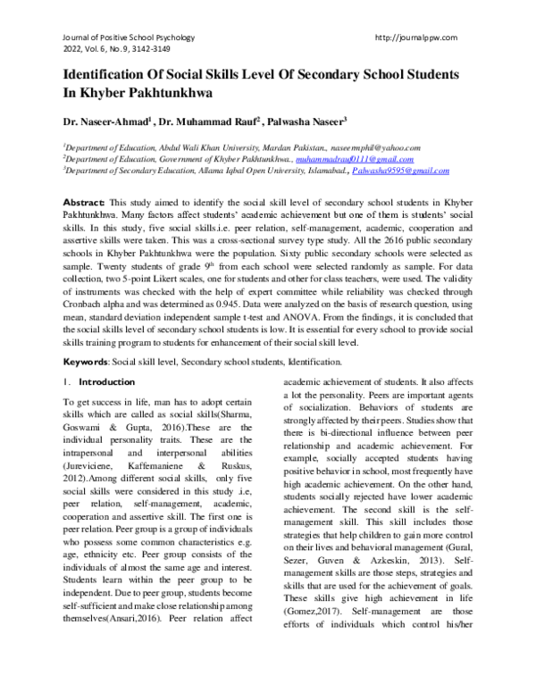 (PDF) Identification Of Social Skills Level Of Secondary School ...