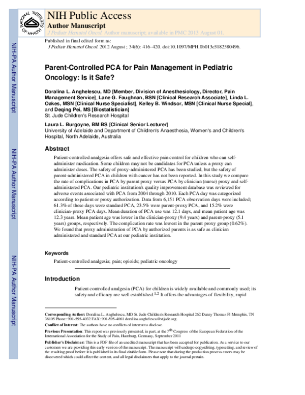 (PDF) Parent-controlled PCA for Pain Management in Pediatric Oncology