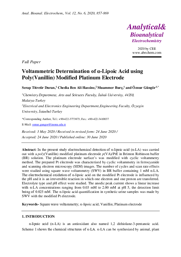 (PDF) Voltammetric Determination of α-Lipoic Acid using Poly(Vanillin ...