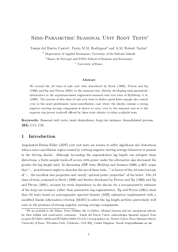(PDF) Semi-Parametric Seasonal Unit Root Tests