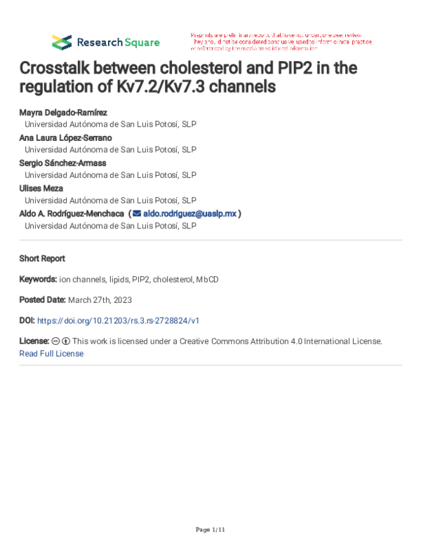(PDF) Crosstalk between cholesterol and PIP2 in the regulation of Kv7.2 ...