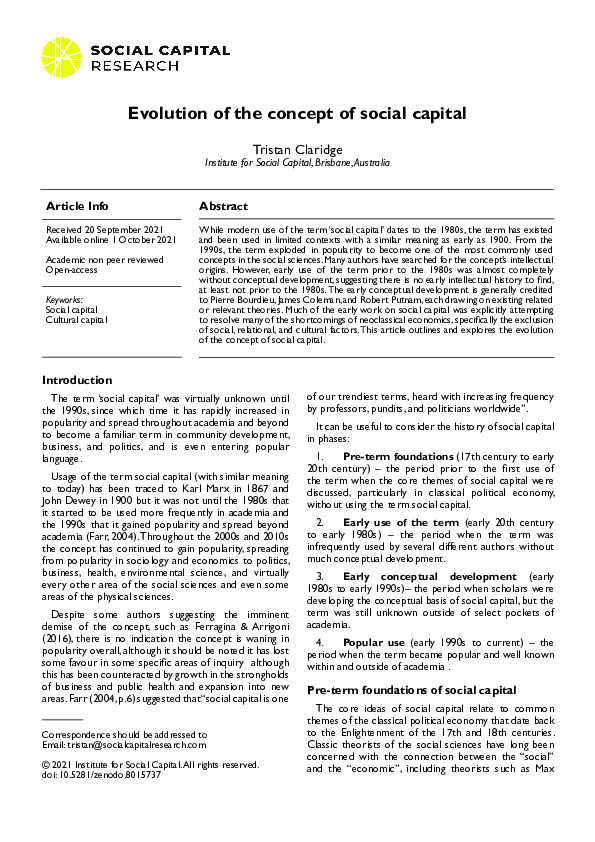 (PDF) Evolution of the concept of social capital