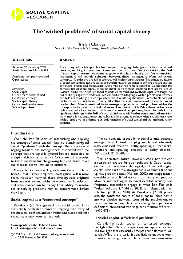 (PDF) The 'wicked problems' of social capital theory