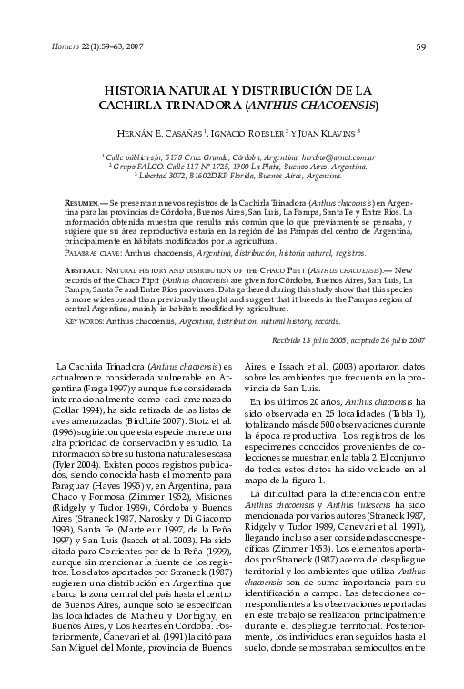 (PDF) Historia natural y distribución de la Cachirla Trinadora (Anthus ...