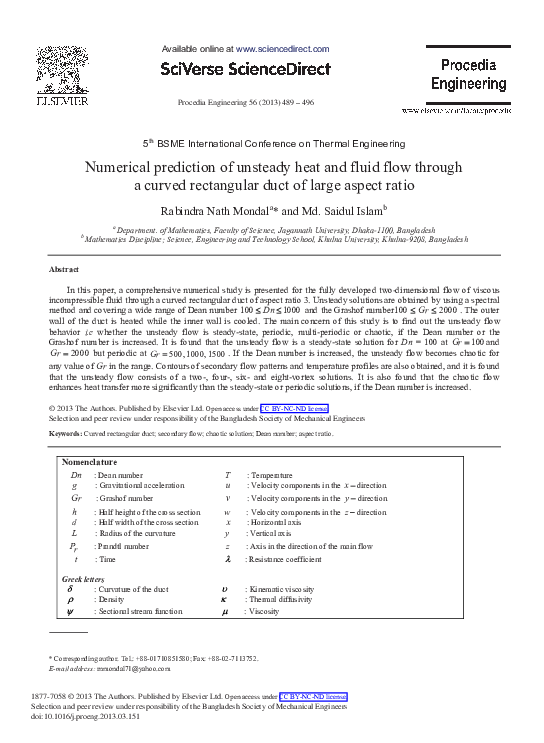 (PDF) Numerical Prediction of Unsteady Heat and Fluid Flow through a ...