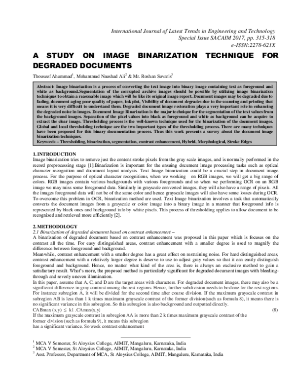 (PDF) A Study on Image Binarization Technique for Degraded Documents
