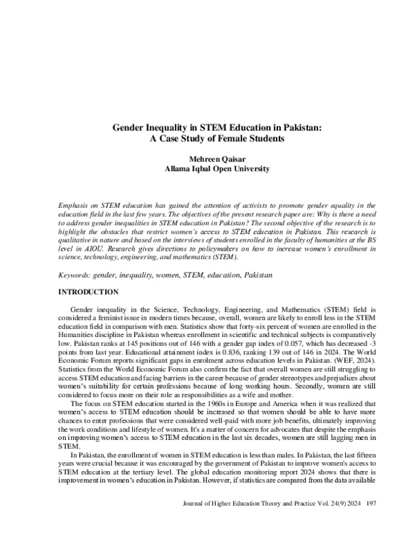 (PDF) Gender Inequality in STEM Education in Pakistan: A Case Study of ...