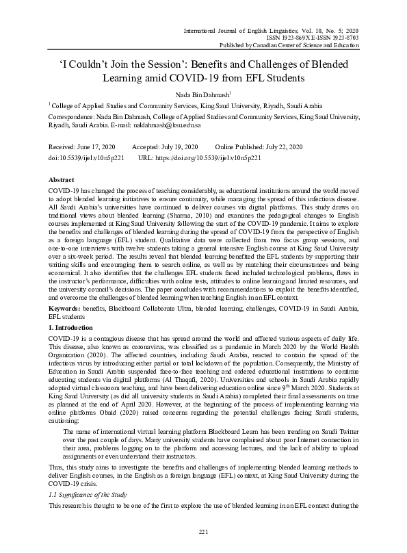 (PDF) ‘I Couldn’t Join the Session’: Benefits and Challenges of Blended ...