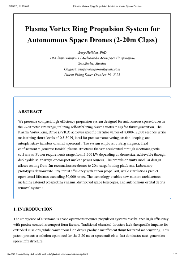 (PDF) Plasma Vortex Ring Propulsion System for Autonomous Space Drones ...