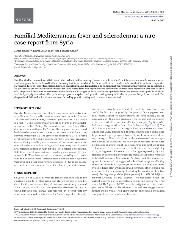 (PDF) Familial Mediterranean fever and scleroderma: a rare case report ...
