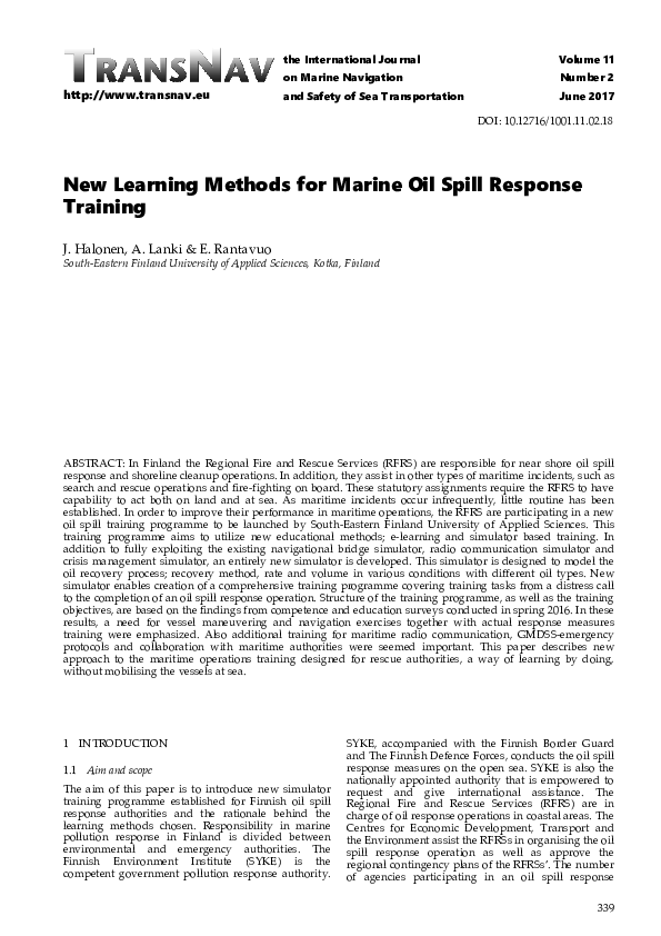 (PDF) New Learning Methods for Marine Oil Spill Response Training