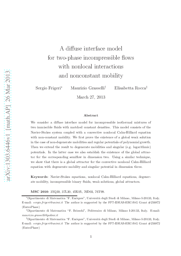 (PDF) A diffuse interface model for two-phase incompressible flows with ...