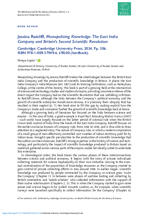 (PDF) Book Review: Jessica Ratcliff, Monopolizing Knowledge: The East ...