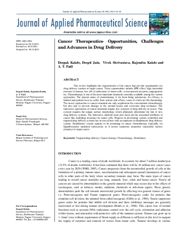 (PDF) Cancer Therapeutics-Opportunities, Challenges and Advances in ...
