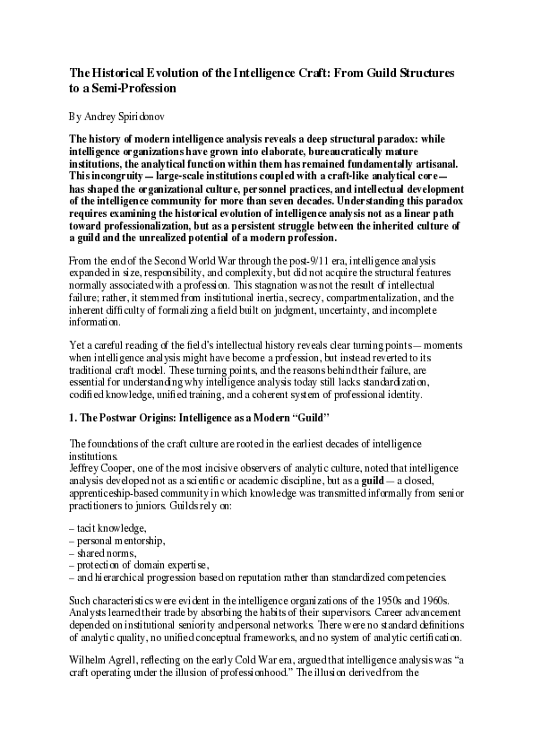 (PDF) The Historical Evolution of the Intelligence Craft: From Guild ...